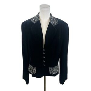 JS Collections Velvet Blazer Top Embellished Crystals Trim Party Jacket Size 16‎